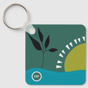 Landscape abstract modern art sun sea tree key ring