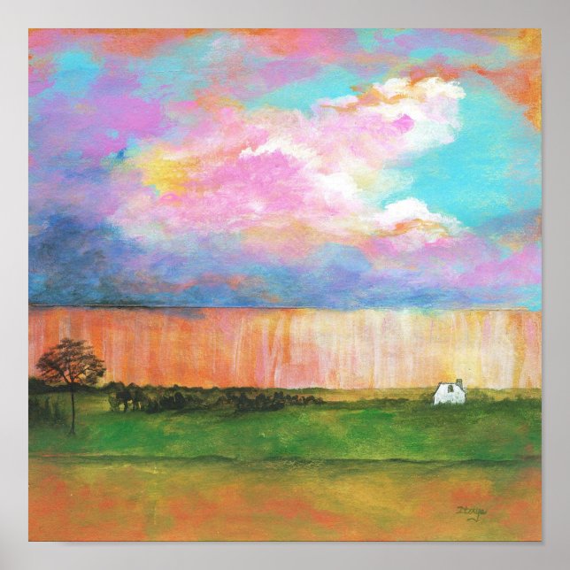 Landscape Art Painting Rainstorm Tiny Farm House Poster (Front)