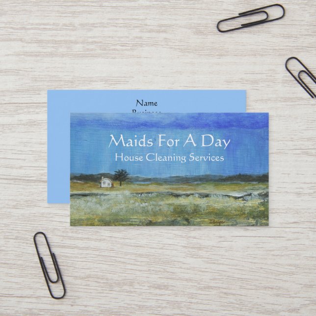 Landscape Art Tiny House Rain Storm Cleaning Maid Business Card (Front/Back In Situ)
