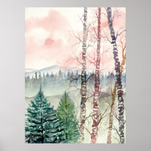 landscape birch tree painting poster