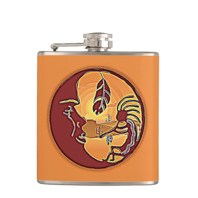 Landscape Button - Kokopelli Moon Feather 1 Hip Flask (Front)