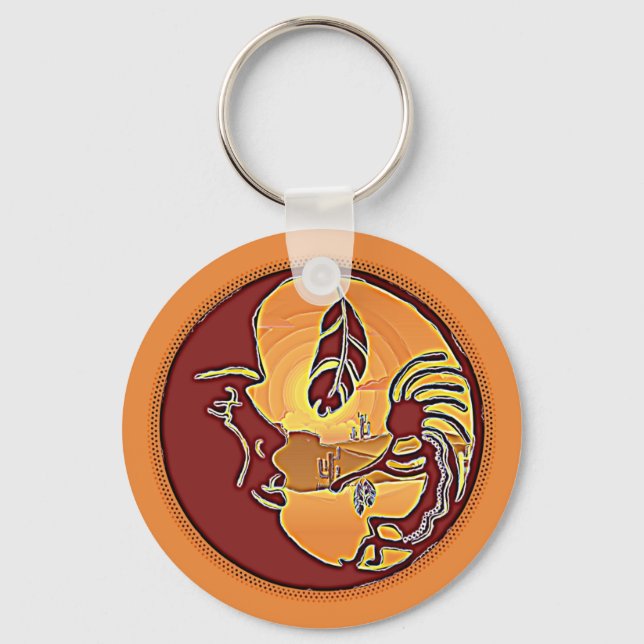 Landscape Button - Kokopelli Moon Feather 1 Key Ring (Front)
