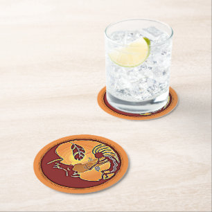 Landscape Button - Kokopelli Moon Feather 1 Round Paper Coaster