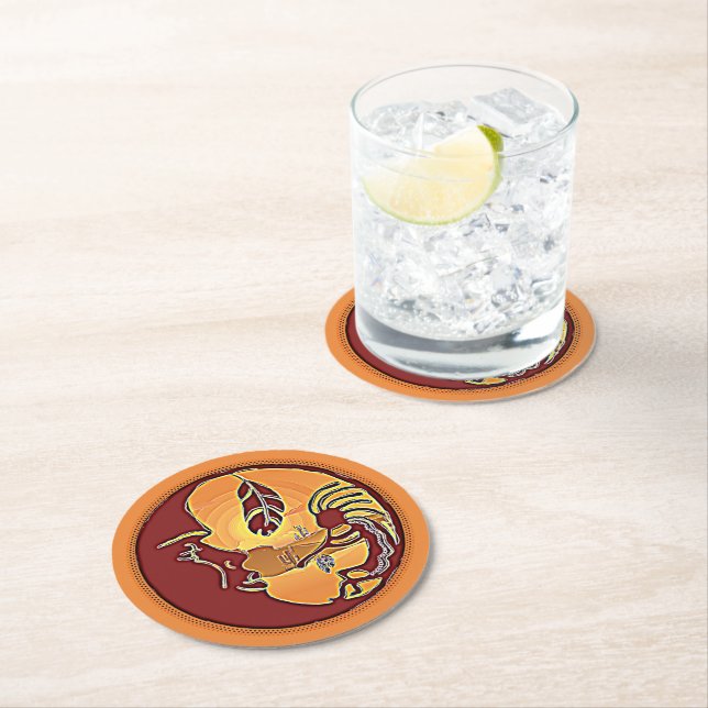 Landscape Button - Kokopelli Moon Feather 1 Round Paper Coaster (Insitu)