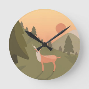 Landscape Deer Mountain Nature Wild Park Sunset Po Round Clock