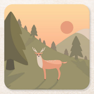 Landscape Deer Mountain Nature Wild Park Sunset Po Square Paper Coaster