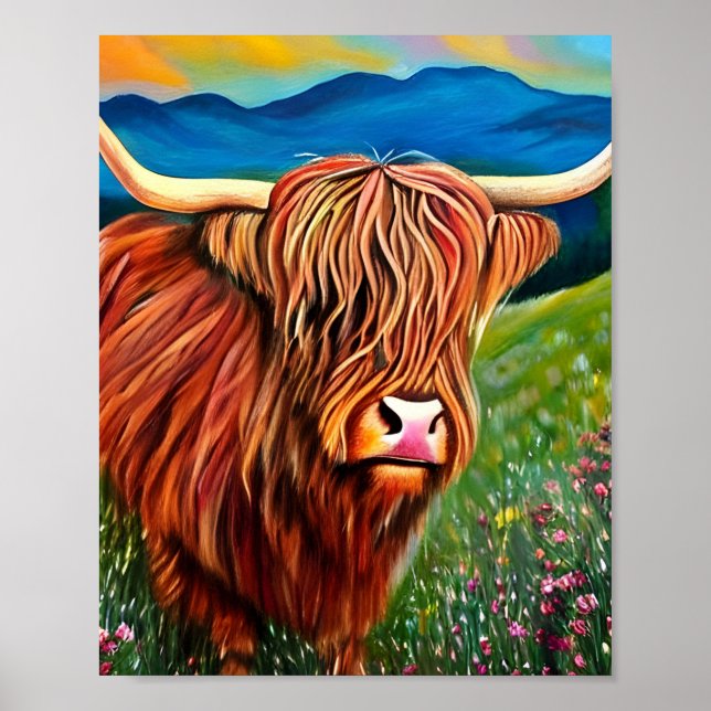 Landscape Highland Cow Painting  Poster (Front)