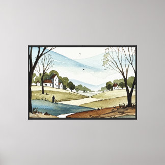 landscape of hills with small houses canvas print