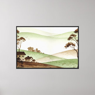 landscape of hills with small houses canvas print