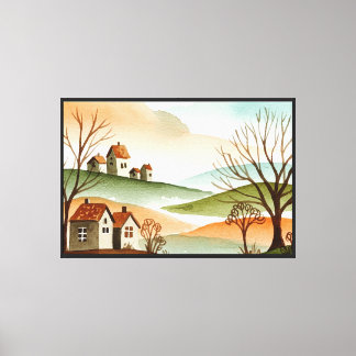 landscape of hills with small houses canvas print