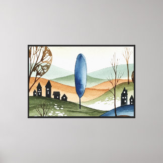 landscape of hills with small houses canvas print