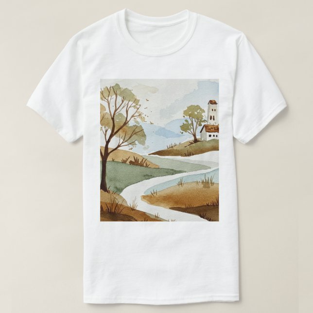 landscape of hills with small houses T-Shirt (Design Front)