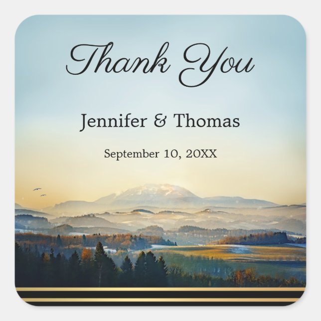 Landscape Painting Mountain Wedding Thank You Square Sticker (Front)