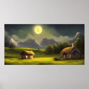 Landscape Painting of A Cottage in The Mountain Poster