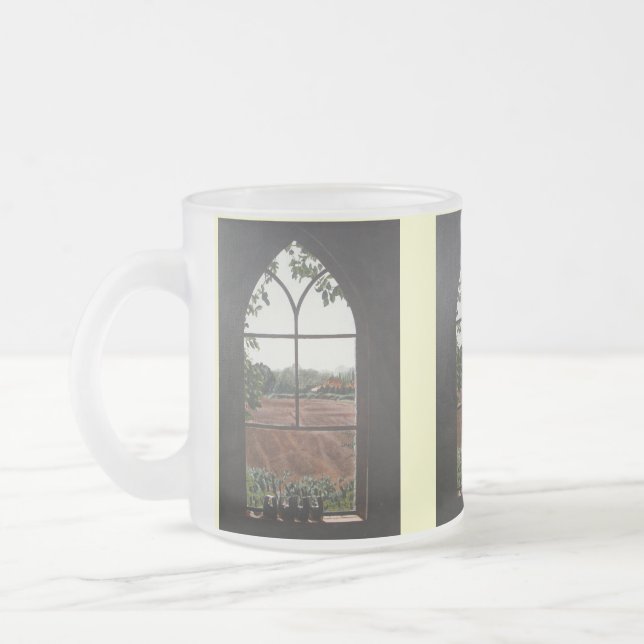 landscape painting of view from church window frosted glass coffee mug (Left)