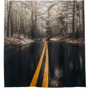 LANDSCAPE PHOTO OF ASPHALT ROAD WHILE RAINING SHOWER CURTAIN