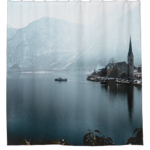 LANDSCAPE PHOTO OF BODY OF WATER NEAR THE MOUNTAIN SHOWER CURTAIN