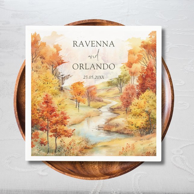 Landscape Red Autumn River Forest Fall Wedding Napkin (Creator Uploaded)