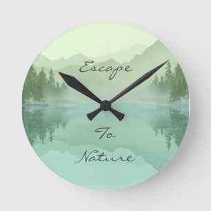Landscape Reflection Lake Trees Green Motivational Round Clock