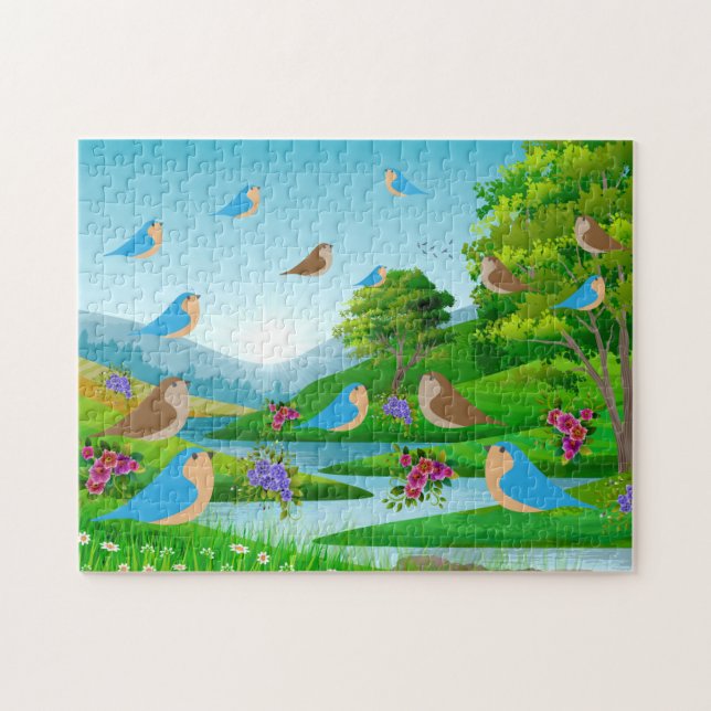 Landscape River Trees Birds Flowers Nature, Age 8 Jigsaw Puzzle (Horizontal)