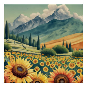 Landscape Sunflowers Boho Poster