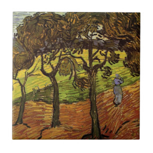 Landscape, Trees and Figures by Vincent van Gogh Tile