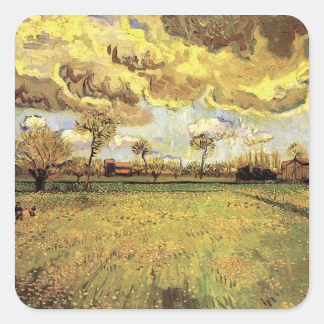 Landscape Under a Stormy Sky by Vincent van Gogh Square Sticker (Front)