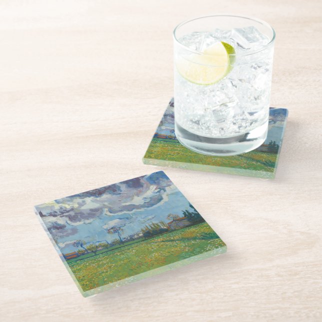 Landscape Under a Stormy Sky Vincent Gogh  Glass Coaster (Angled)