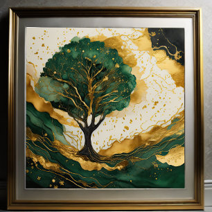 Landscape Watercolor Abstract Painting Green Gold  Poster