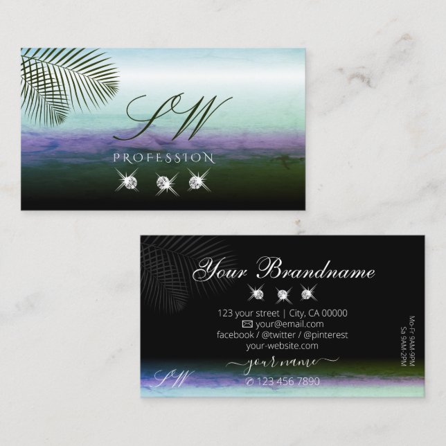 Landscape Watercolors Sparkling Diamonds Monogram Business Card (Front/Back)