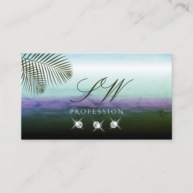 Landscape Watercolors Sparkling Diamonds Monogram Business Card (Front)