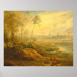 Landscape with a Birdcatcher (oil on panel) Poster
