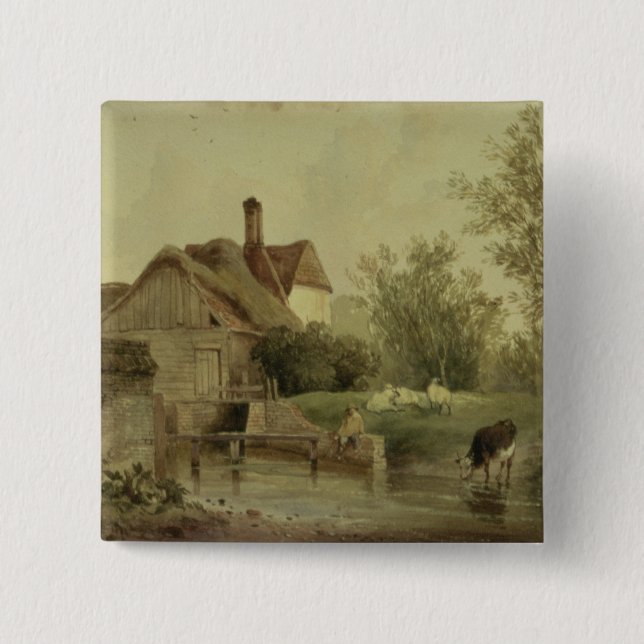 Landscape with a cottage 15 cm square badge (Front)