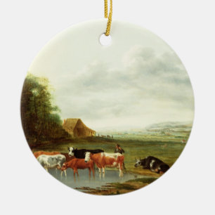Landscape with a Herdsman and Cattle (oil on canva Ceramic Tree Decoration