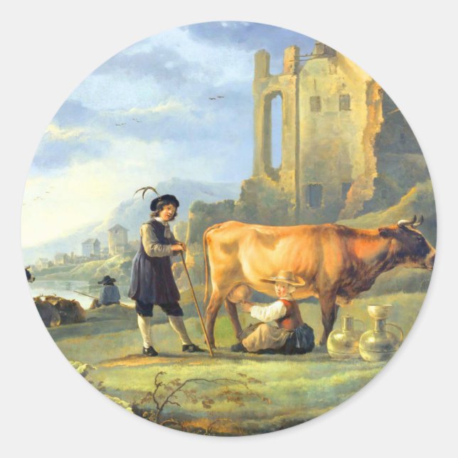 Landscape with a young girl milking a cow by Aelbe Classic Round Sticker (Front)