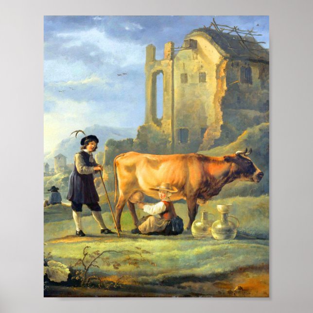 Landscape with a young girl milking a cow by Aelbe Poster (Front)