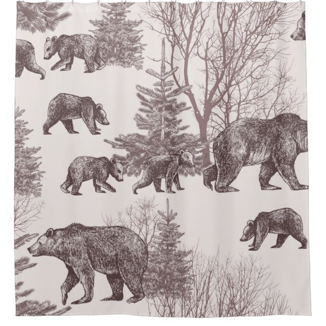 Landscape with bears, cubs, winter trees and fir t shower curtain (Front)