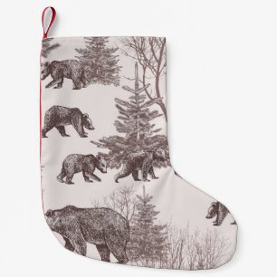 Landscape with bears, cubs, winter trees and fir t small christmas stocking