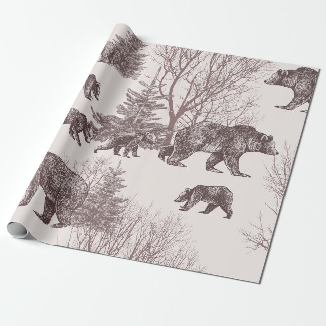 Landscape with bears, cubs, winter trees and fir t wrapping paper (Unrolled)