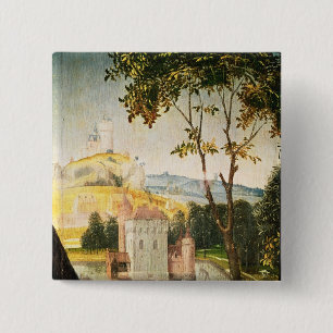 Landscape with castle in a moat and two swans 15 cm square badge