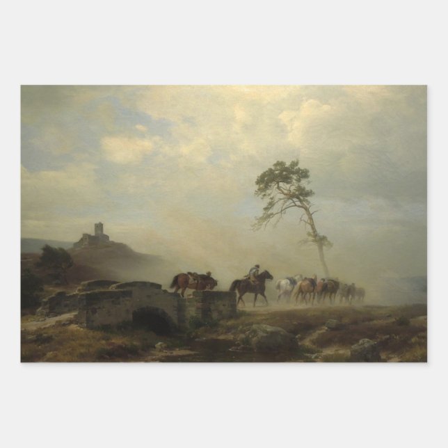 Landscape with Castle Ruins and Horse Riders Wrapping Paper Sheet (Front)