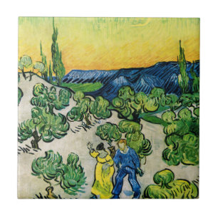 Landscape with Couple Walking by Vincent van Gogh Tile