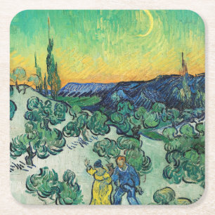 Landscape with Couple Walking & Crescent Moon Square Paper Coaster