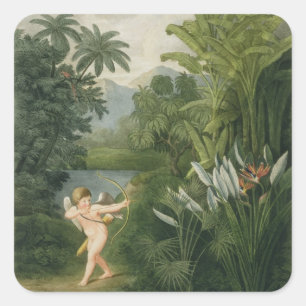 Landscape with Cupid aiming an arrow at a Parrot o Square Sticker