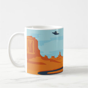 landscape with deserted valley, mountains, dark w coffee mug
