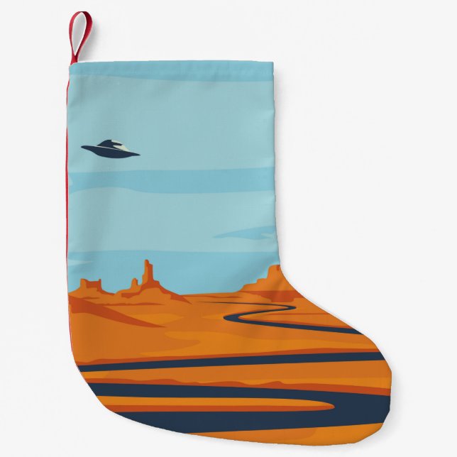  landscape with deserted valley, mountains, dark w small christmas stocking (Front)