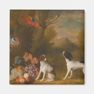 Landscape with exotic birds and two dogs magnet