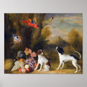 Landscape with exotic birds and two dogs  poster