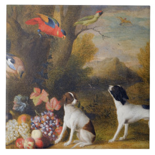 Landscape with exotic birds and two dogs  tile