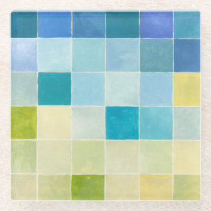Landscape with Multicolored Pixilated Squares Glass Coaster